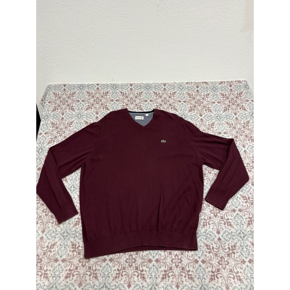 Lacoste Mens V-Neck Sweater Burgundy Maroon Crocodile Logo US 3XL FR 8